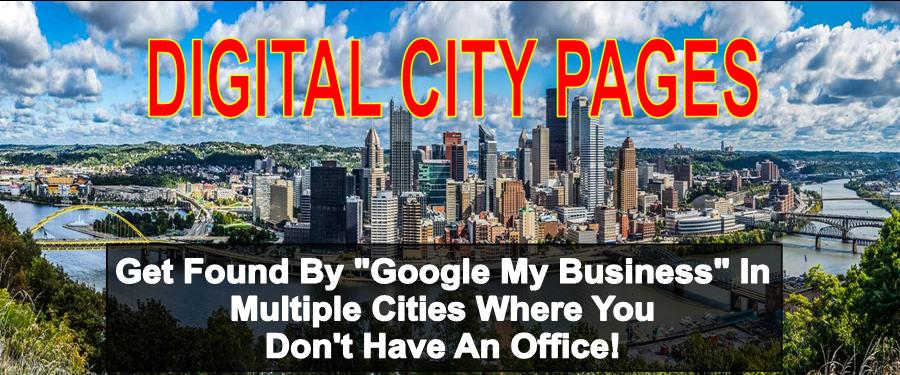 Digital City Pages showing the full view of the city of Pittsburgh at the 3 rivers point with blue cloudy sky.  Get found by Google My Business.